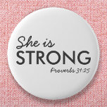 Badge Rond 5 Cm Elle est forte | Proverbes 31:25 Foi chrétienne<br><div class="desc">Écriture chrétienne simple et élégante cite design d'art avec le verset biblique "She is Strong - Proverbs 31:25" dans la typographie minimaliste moderne en noir off. Ce design de foi moderne et tendance est le cadeau parfait et la marque de mode. | #christian #religion #écritures #foi #bible #jesus #bethelight</div>