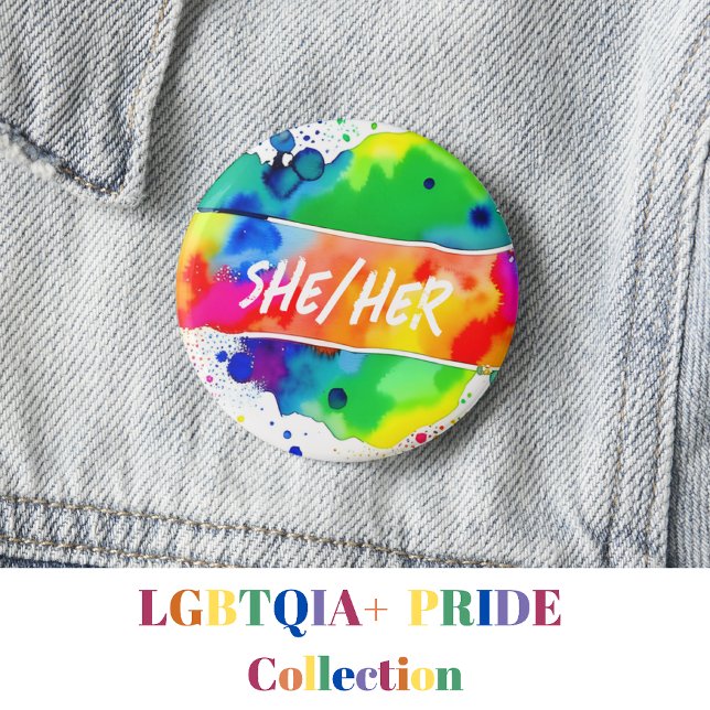Badge Rond 5 Cm Elle/Ses Pronounounounounes Pride Aquarelle Arc-en (Créateur téléchargé)