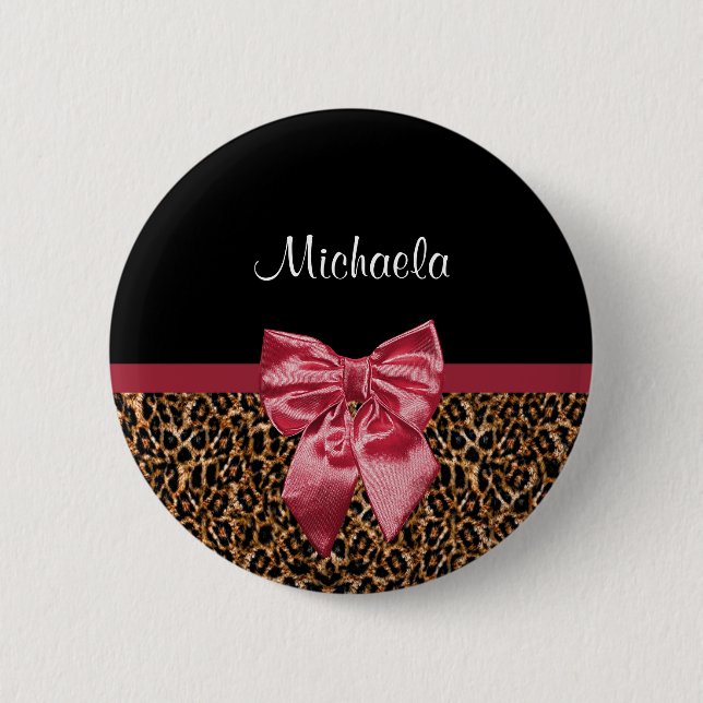 Badge Rond 5 Cm Empreinte de léopard élégant Elegant Red Bow et no (Devant)
