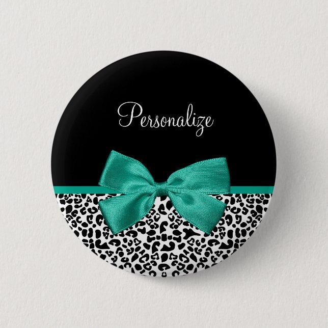 Badge Rond 5 Cm Empreinte de léopard Emerald Green Ribbon Bow Nom  (Devant)