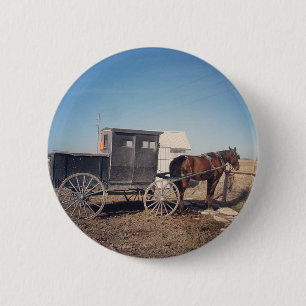 Badge Rond 5 Cm En attente Cheval Amish et Buggy