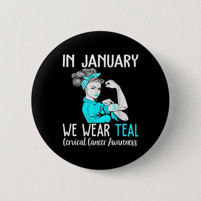 Badge Rond 5 Cm En Janvier Nous Portons Turquoise Pour Le Cervical (Devant)