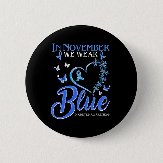 Badge Rond 5 Cm En Novembre Nous Portons Bleu Coeur Papillon Diabè (Devant)