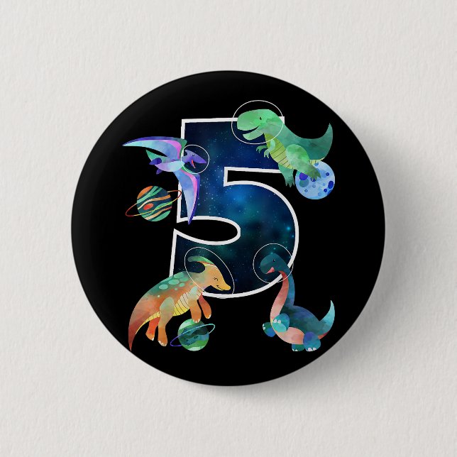 Badge Rond 5 Cm Enfants Astronaut Espace Dinosaures 5e anniversair (Devant)