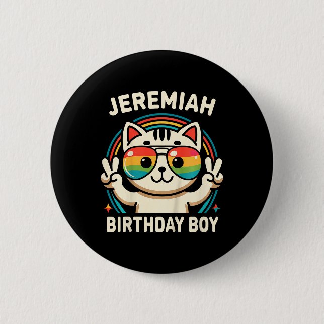 Badge Rond 5 Cm Enfants Nom Jeremiah Anniversaire Garçon Chat (Devant)