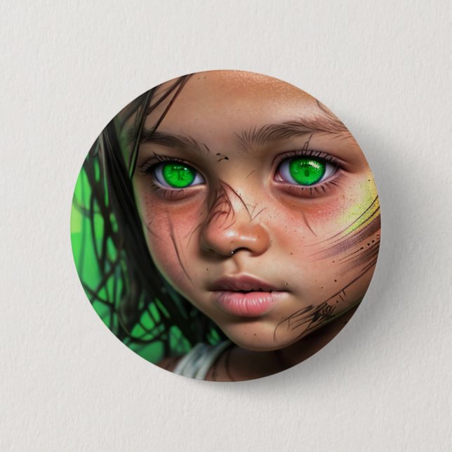 Badge Rond 5 Cm Enfants tribaux | Yeux verts futuristes (Devant)