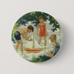 Badge Rond 5 Cm Enfants vintage jouant avec des voiliers jouets su