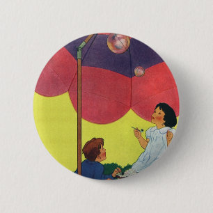 Badge Rond 5 Cm Enfants vintage soufflant des bulles sous un parap