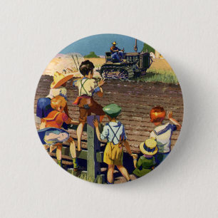 Badge Rond 5 Cm Enfants vintages agitant à l'agriculteur local sur