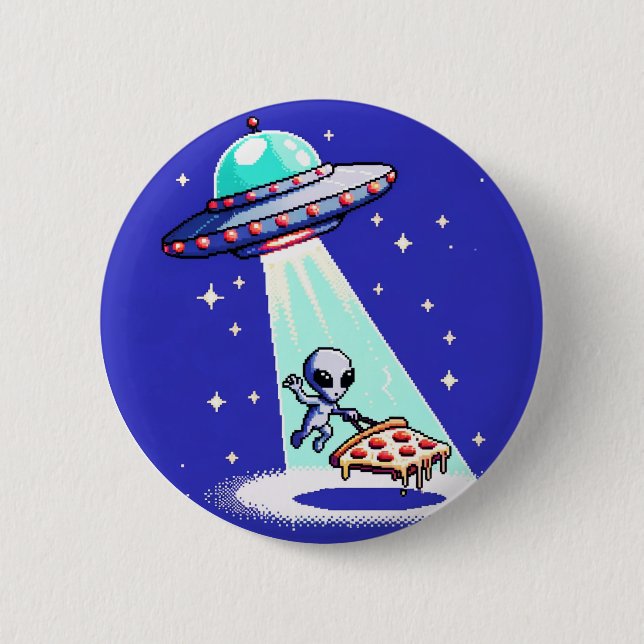 Badge Rond 5 Cm Enlèvement de pizza Alien - Drôle Pixel Art UFO De (Devant)