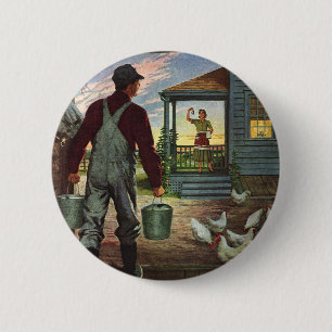 Badge Rond 5 Cm Entreprise Vintage, Ferme avec Agriculteur et Poul