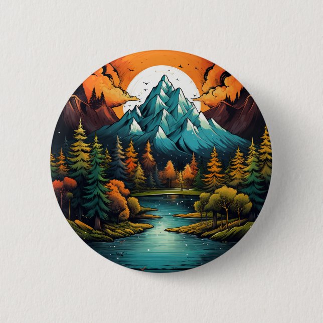 Badge Rond 5 Cm Épinette d'aventure Whimsical Mountain River (Devant)