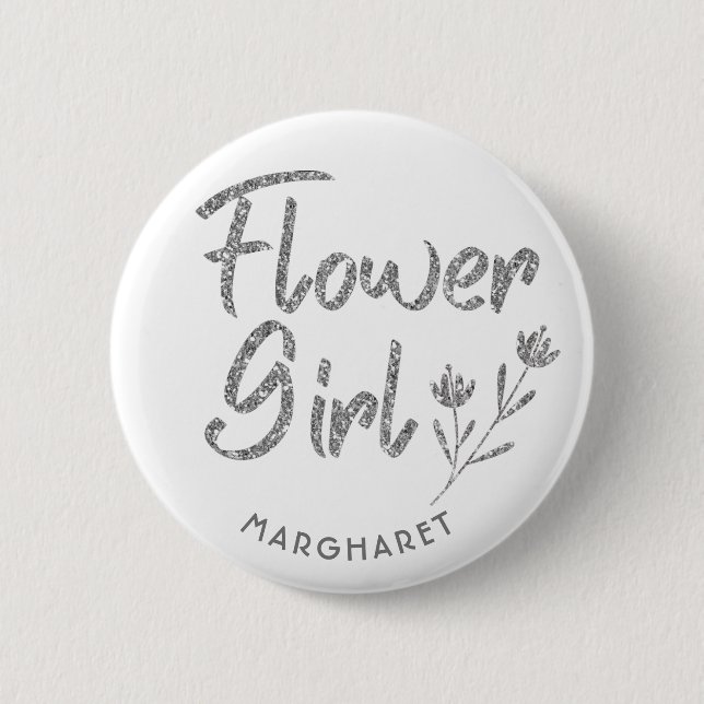 Badge Rond 5 Cm Épingle Calligraphique Fleur Argent (Devant)