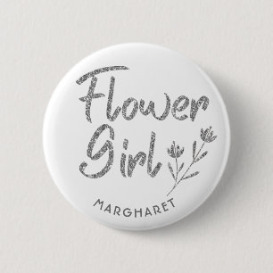 Badge Rond 5 Cm Épingle Calligraphique Fleur Argent
