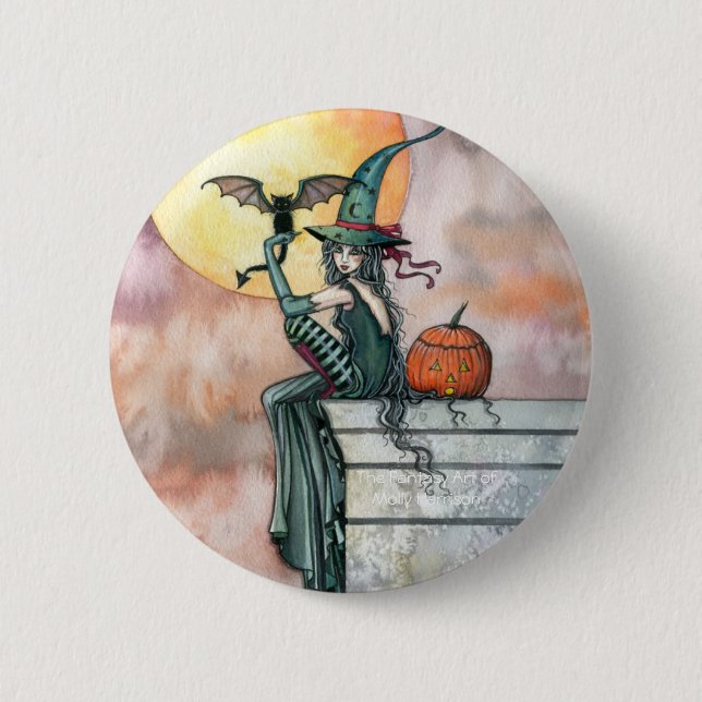 Badge Rond 5 Cm Épingle de sorcière de Halloween avec chat par Mol (Devant)