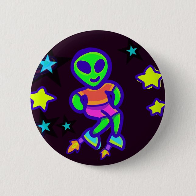 Badge Rond 5 Cm Épingle Enfant Alien Chaussures Fusée Aliens Dans  (Devant)