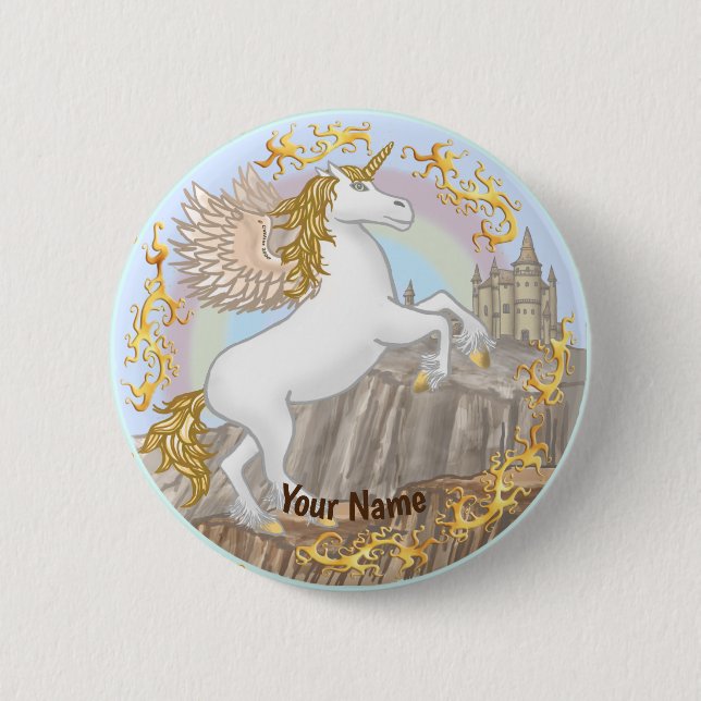 Badge Rond 5 Cm Épingle licorne Castle Pegasus (Devant)