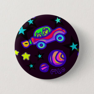 Badge Rond 5 Cm Épinglette d'aliens en voiture fusée dans l'espace