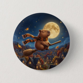 Badge Rond 5 Cm Épinglette de capybara volant sur un balai sous la