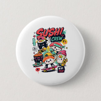 Badge Rond 5 Cm Équipage de Sushi Kawaii sur Skateboard | Japonais