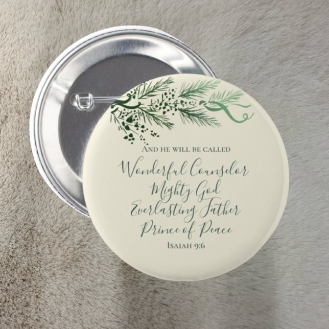 Badge Rond 5 Cm Ésaïe 9:6 Écriture biblique Élégant Pin Noël (Isaiah 9:6 Elegant Unique Pine Christmas design on a pin. Inspirational scripture in cream and green)