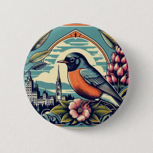 Badge Rond 5 Cm État du Connecticut Oiseau et Fleur vert bleu