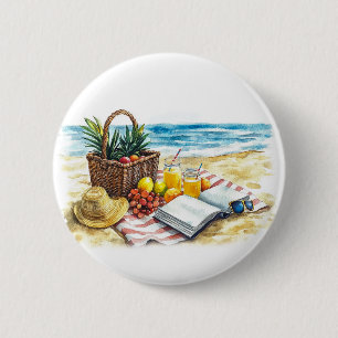 Badge Rond 5 Cm Eté Plage Pique-nique Aquarelle Illustration - Vib