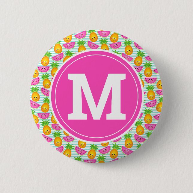Badge Rond 5 Cm Été Tropical Ananas & Pastèque Monogramme (Devant)