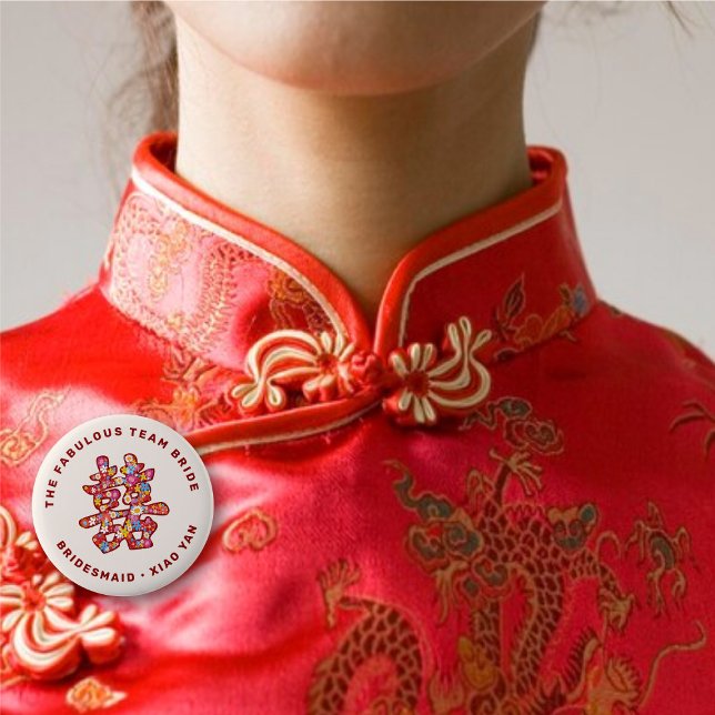 Badge Rond 5 Cm Étiquette de nom de mariage chinois Bonheur Double (Spring Flowers Double Happiness Floral Chinese Wedding Name Tag Pinback Button @ fat_fa_tin)