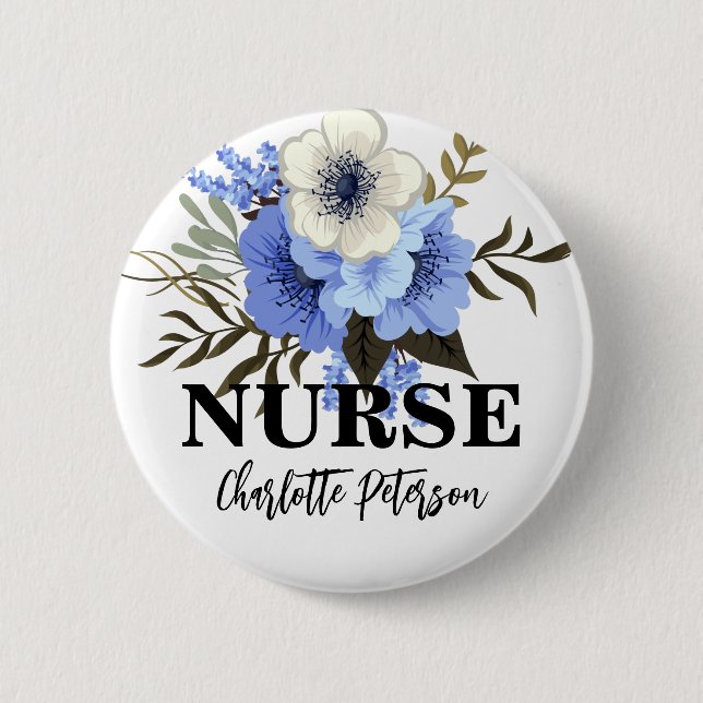 Badge Rond 5 Cm Étiquette de nom d'infirmière florale aquarelle (Devant)