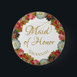 Badge Rond 5 Cm Étiquette du nom de la femme d'honneur Mariage flo<br><div class="desc">Ce beau bouton d'étiquette de nom est conçu comme un cadeau pour votre bonne d'honneur. Doté d'une couronne de roses victoriens et d'autres fleurs vintages dans de belles couleurs d'automne, y compris le corail, le rouge, l'orange, l'or et la prune. Le design floral est rendu d'autant plus élégant par le...</div>