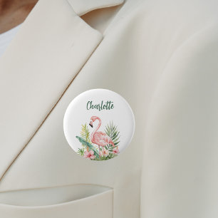 Badge Rond 5 Cm Étiquette nominative fleur de flamingo rose tropic