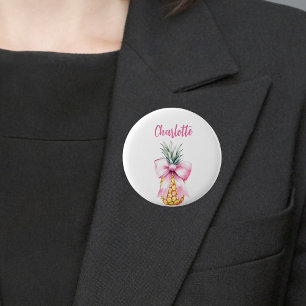 Badge Rond 5 Cm Étiquette nominative tropicale ananas ruban rose