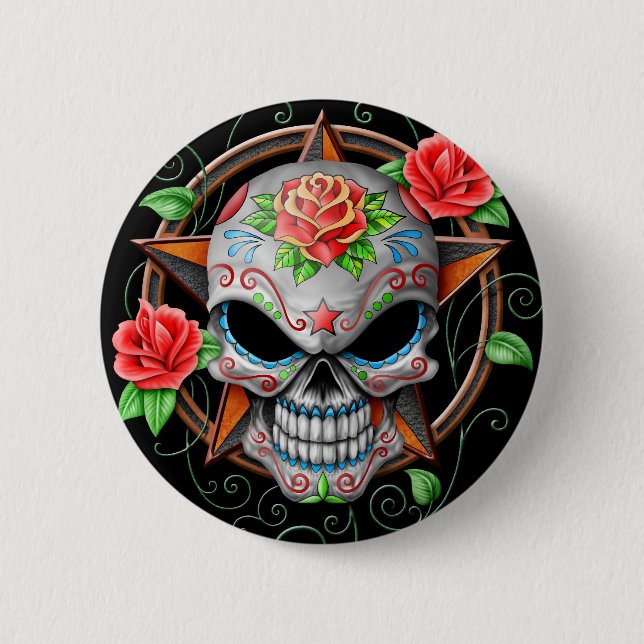 Badge Rond 5 Cm Étoile de crâne de sucre, noire (Devant)