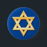 Badge Rond 5 Cm Étoile de David d'or sur le bouton bleu d'arrière<br><div class="desc">Bouton fait sur commande comportant (effet imprimé fait de gradients) une étoile de David d'or sur un arrière - plan bleu.</div>
