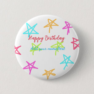 Badge Rond 5 Cm Etoiles colorées heureux anniversaire ajouter nom 