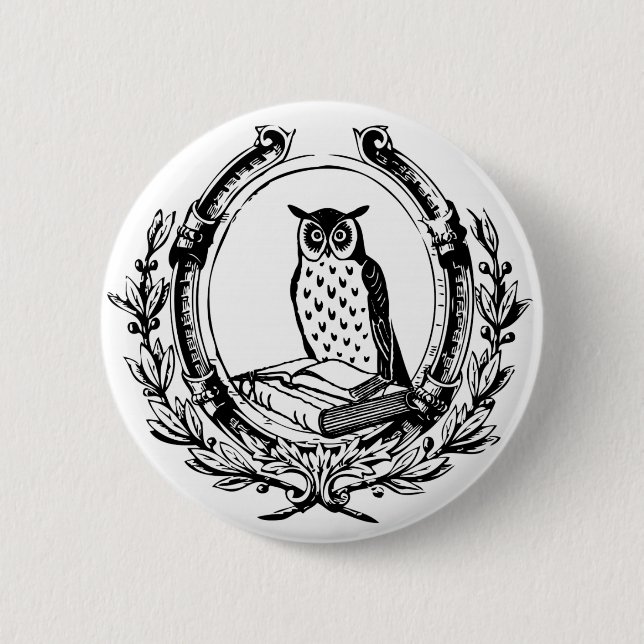 Badge Rond 5 Cm Ex-libris vintage de hibou et de livre (Devant)