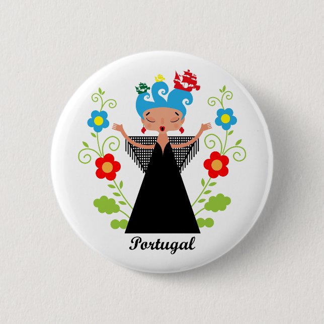 Badge Rond 5 Cm Fado chanteuse avec caravelle portugaise (Devant)