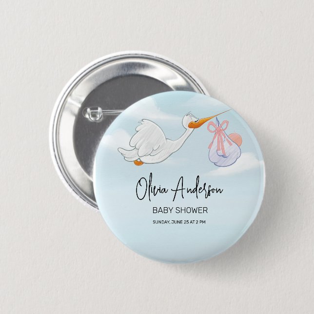 Badge Rond 5 Cm Faire-part de naissance bébé garçon cigogne bohème (Devant & derrière)