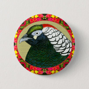Badge Rond 5 Cm Faisan et fleurs d'Amherst