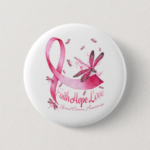 Badge Rond 5 Cm Faith Hope Love Dragonfly Pink Ribbon Breast
