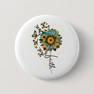 Badge Rond 5 Cm Faith Sunflowers Butterflies Christian Religious