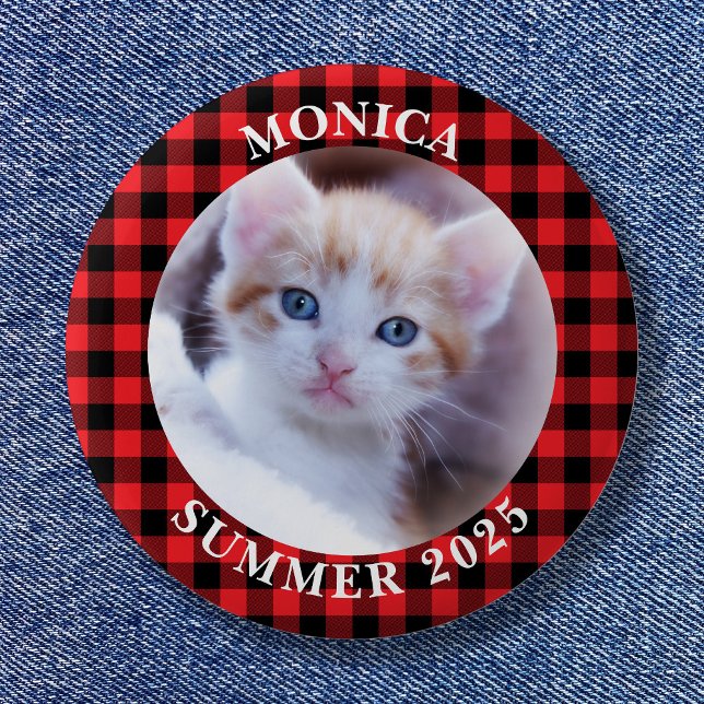 Badge Rond 5 Cm Famille Photo Red Black Buffalo Plaid Bordure (Family Photo Red Black Buffalo Plaid Border Button)