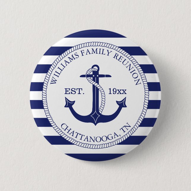 Badge Rond 5 Cm Famille Réunion Monogramme Nom Ancre nautique (Devant)