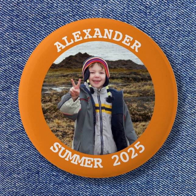 Badge Rond 5 Cm Famille Ronde Personnalisée Photo Bright Orange (Personalized Round Family Photo Bright Orange Button)