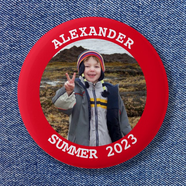 Badge Rond 5 Cm Famille Ronde Personnalisée Photo Rouge Lumineux (Create your own vacation keepsake custom photo button.)