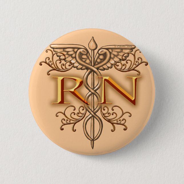 Badge Rond 5 Cm Fancy Cuivre Caduceus RN Infirmière pin (Devant)