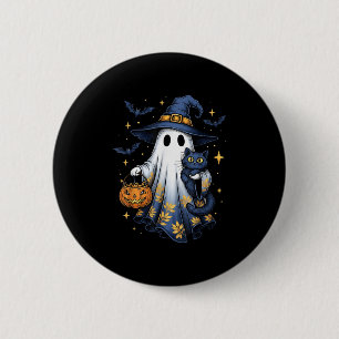 Badge Rond 5 Cm Fantôme de sorcière d'Halloween tenant un chat noi