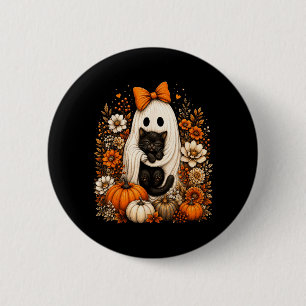 Badge Rond 5 Cm Fantôme d'Halloween tenant un chat noir Citrouille