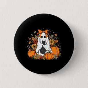 Badge Rond 5 Cm Fantôme d'Halloween tenant un chat noir floral gro